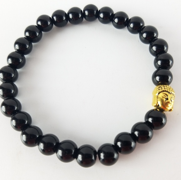 Men's Black Jasper Gold Buddha Bracelet - Picture 2 of 5
